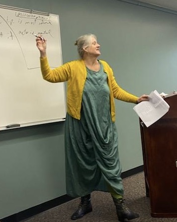 Annie Finch teaching scansion, West Chester University, 2022. Photo: Cherise Pollard