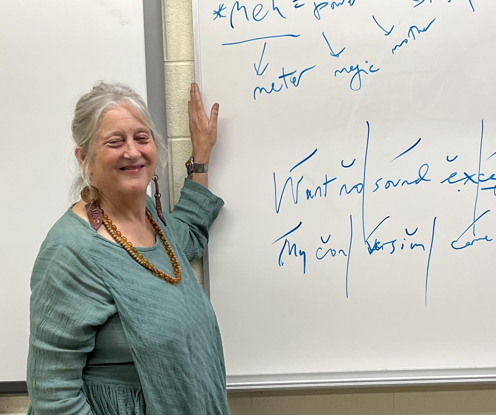 Annie Finch teaching trochaic meter, West Chester University, 2022. Photo: Cherise Pollard
